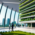 A visionary architectural complex in a future Vietnamese smart city, showcasing sustainable design principles. The buildings feature large, self-healing concrete facades and smart glass that dynamically adjusts to light, integrated with lush vertical gardens and rooftop solar arrays. Advanced IoT sensors are subtly visible, hinting at intelligent energy management. Professional individuals in modest business attire are seen in a sunlit, airy common area, interacting with embedded smart displays. The cityscape is clean and vibrant, with modern infrastructure and electric vehicles. Focus on natural light, clean lines, and an eco-friendly aesthetic. safe for work, appropriate content, fully clothed, professional dress, perfect anatomy, correct proportions, natural pose, well-formed hands, proper finger count, natural body proportions, professional photography, high quality, realistic, detailed.