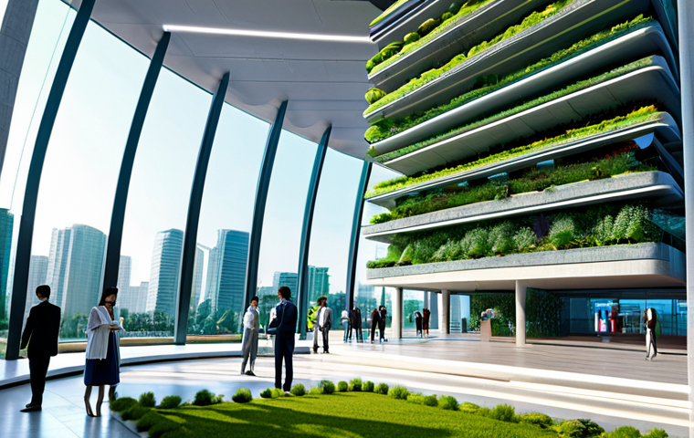 A visionary architectural complex in a future Vietnamese smart city, showcasing sustainable design principles. The buildings feature large, self-healing concrete facades and smart glass that dynamically adjusts to light, integrated with lush vertical gardens and rooftop solar arrays. Advanced IoT sensors are subtly visible, hinting at intelligent energy management. Professional individuals in modest business attire are seen in a sunlit, airy common area, interacting with embedded smart displays. The cityscape is clean and vibrant, with modern infrastructure and electric vehicles. Focus on natural light, clean lines, and an eco-friendly aesthetic. safe for work, appropriate content, fully clothed, professional dress, perfect anatomy, correct proportions, natural pose, well-formed hands, proper finger count, natural body proportions, professional photography, high quality, realistic, detailed.