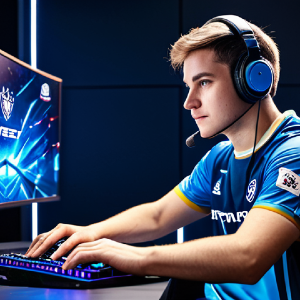 A focused professional Esports player, wearing a modest, branded team jersey, seated at a sleek gaming desk in a modern, brightly lit Esports arena. The player's hands are precisely positioned on a glowing keyboard and mouse, with a large, vibrant game screen in the background. The atmosphere is intense and competitive. Fully clothed, appropriate attire, safe for work, perfect anatomy, natural pose, well-formed hands, correct proportions, professional photography, high quality, modest clothing, family-friendly.