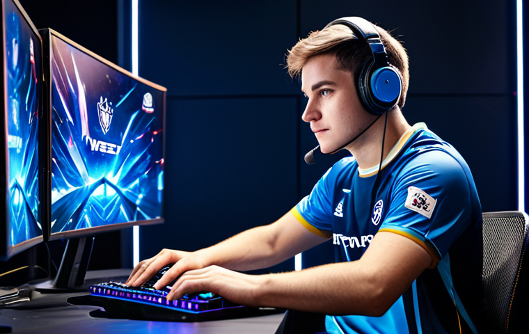A focused professional Esports player, wearing a modest, branded team jersey, seated at a sleek gaming desk in a modern, brightly lit Esports arena. The player's hands are precisely positioned on a glowing keyboard and mouse, with a large, vibrant game screen in the background. The atmosphere is intense and competitive. Fully clothed, appropriate attire, safe for work, perfect anatomy, natural pose, well-formed hands, correct proportions, professional photography, high quality, modest clothing, family-friendly.