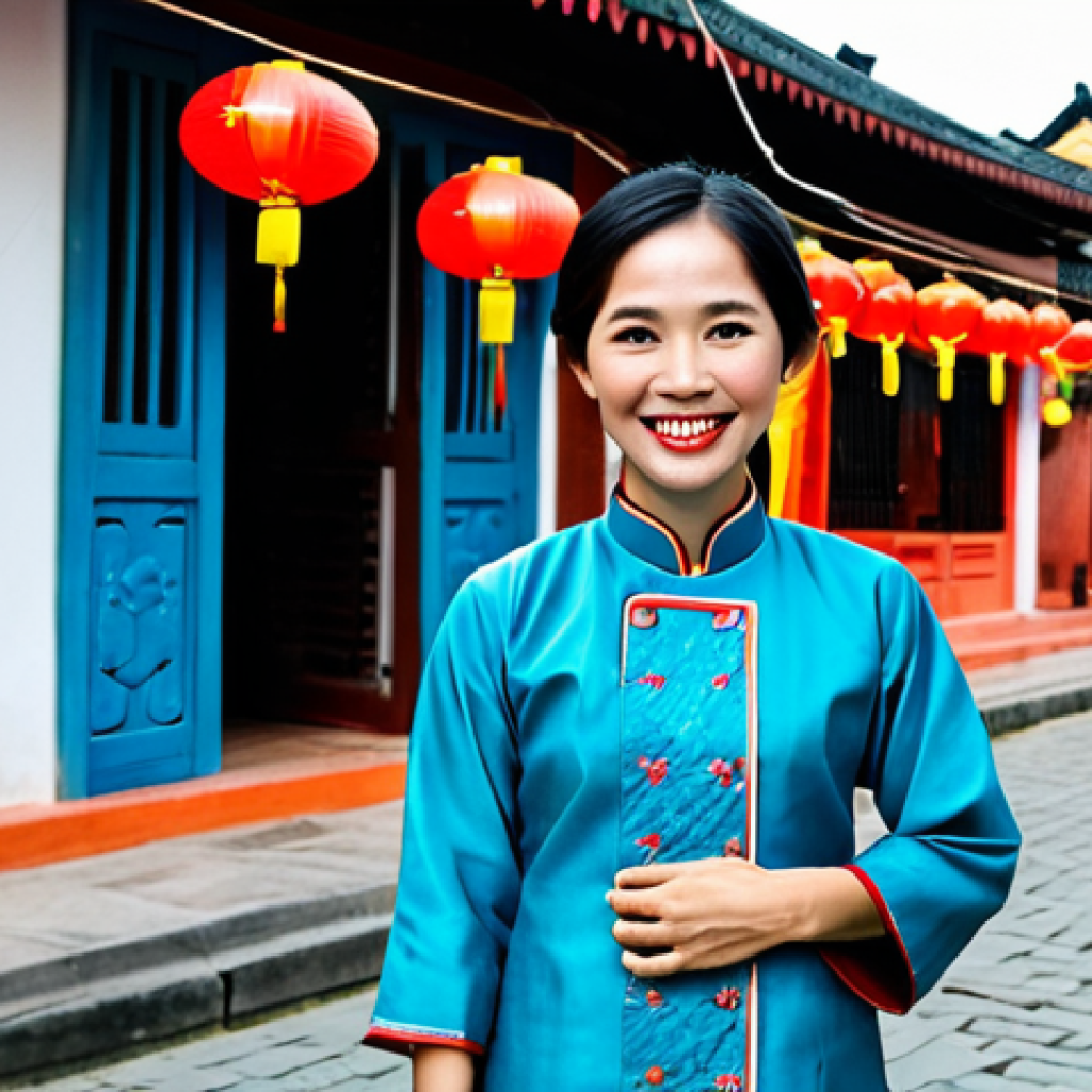 **

A professional Vietnamese woman in a traditional Ao Dai, fully clothed and smiling warmly. She is standing in front of a bustling Hoi An street scene, with colorful lanterns and traditional architecture in the background. Safe for work, appropriate content, family-friendly, professional photograph, perfect anatomy, natural proportions, modest clothing.

**