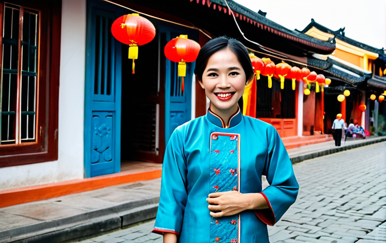**

A professional Vietnamese woman in a traditional Ao Dai, fully clothed and smiling warmly. She is standing in front of a bustling Hoi An street scene, with colorful lanterns and traditional architecture in the background. Safe for work, appropriate content, family-friendly, professional photograph, perfect anatomy, natural proportions, modest clothing.

**