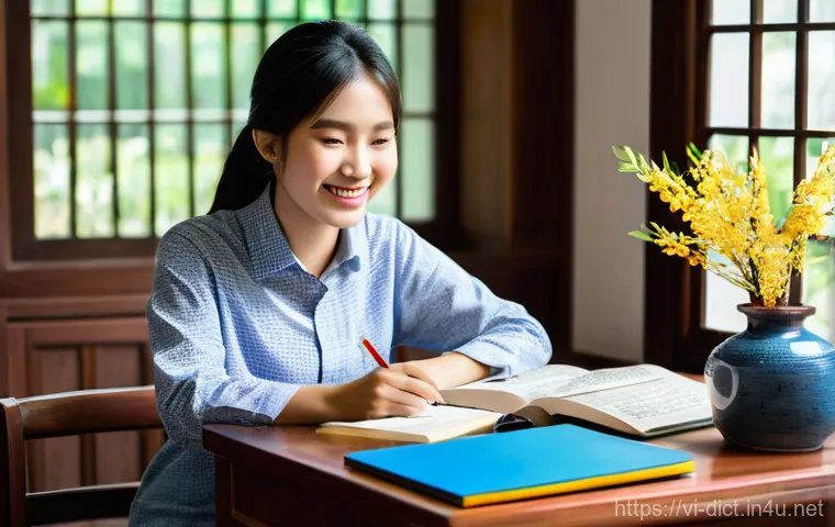 사전의 정확도 - **Prompt: A Vietnamese university student, focused and smiling gently, sits at a well-lit wooden des...