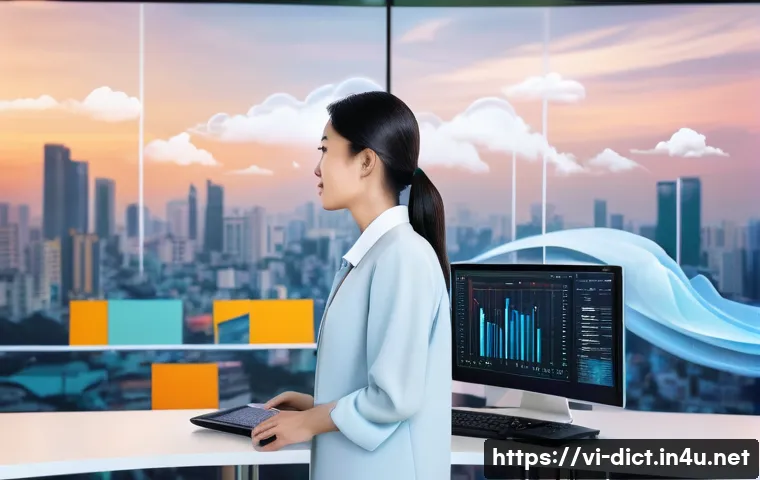 클라우드 컴퓨팅 용어집 - **Prompt:** "A vibrant, panoramic digital illustration capturing the essence of cloud computing empo...