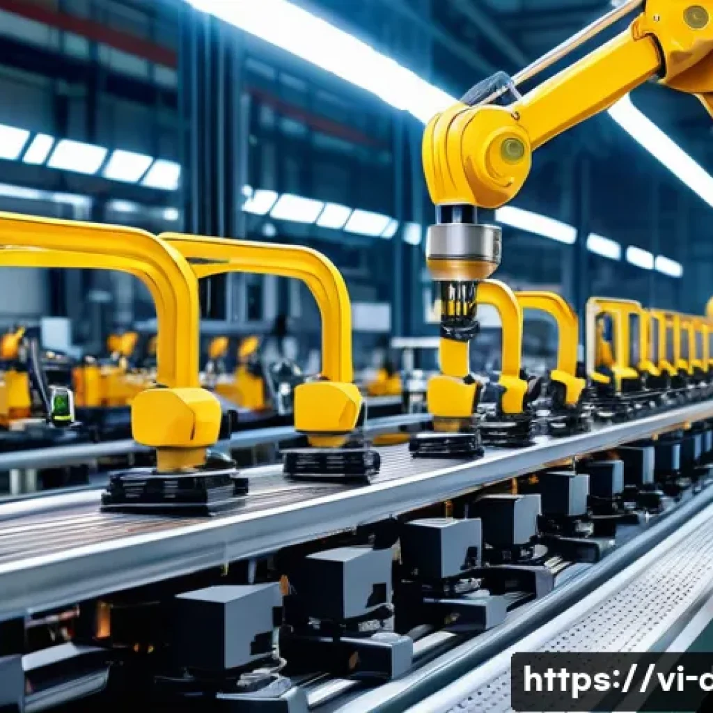 로봇 공학 용어집 - A detailed industrial robot arm working on an automotive assembly line in a modern Vietnamese factor...