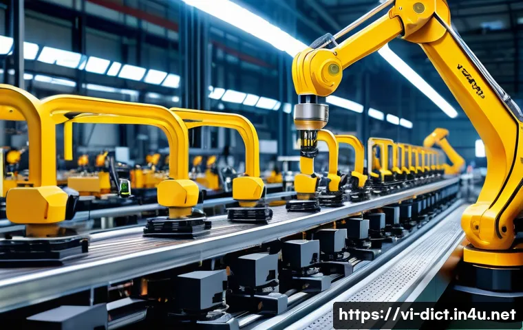 로봇 공학 용어집 - A detailed industrial robot arm working on an automotive assembly line in a modern Vietnamese factor...