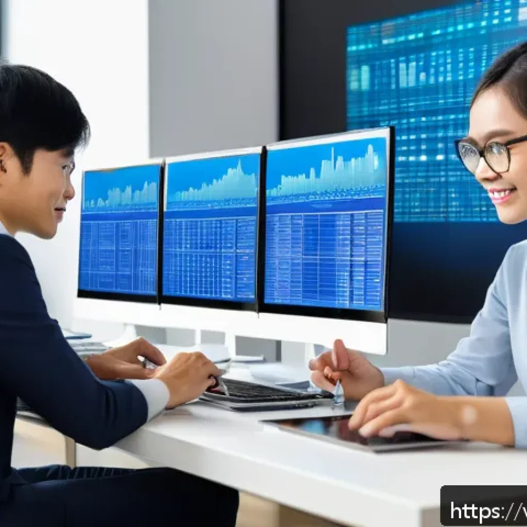 데이터베이스 용어집 - A modern Vietnamese office environment where a diverse team of professionals collaborates around a l...