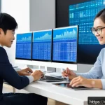 데이터베이스 용어집 - A modern Vietnamese office environment where a diverse team of professionals collaborates around a l...