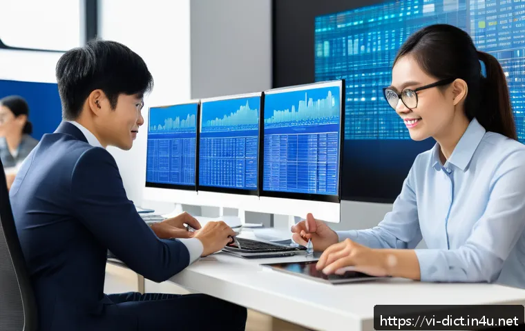 데이터베이스 용어집 - A modern Vietnamese office environment where a diverse team of professionals collaborates around a l...