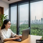 기술 발전과 용어집 - A modern Vietnamese office scene where a young professional woman uses an AI virtual assistant on he...