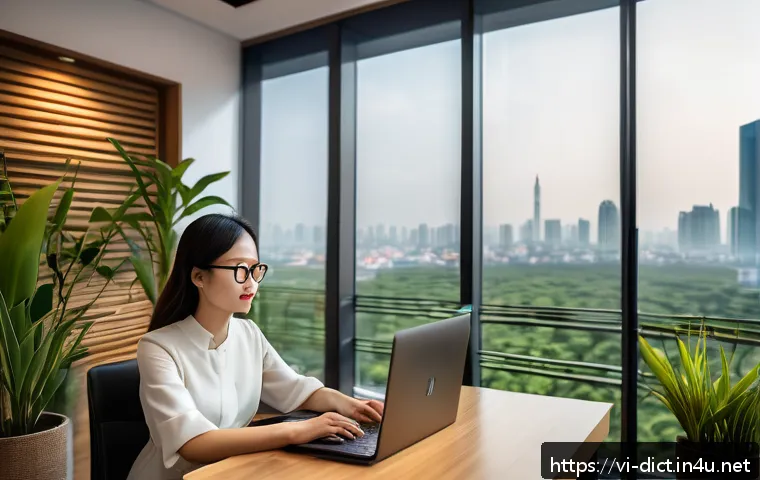 기술 발전과 용어집 - A modern Vietnamese office scene where a young professional woman uses an AI virtual assistant on he...