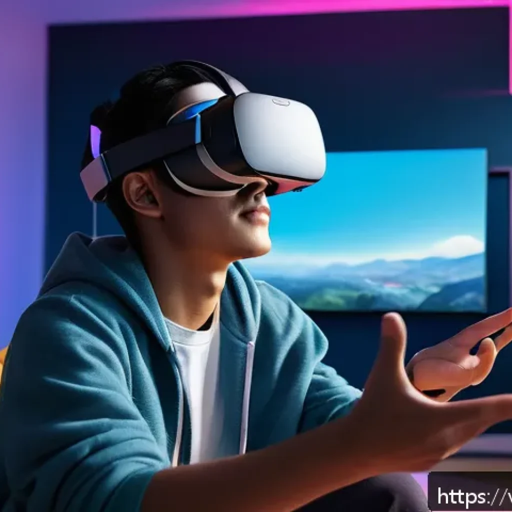 가상 현실 용어집 - A futuristic VR gaming scene showing a young adult wearing an Oculus Quest 2 headset and motion cont...