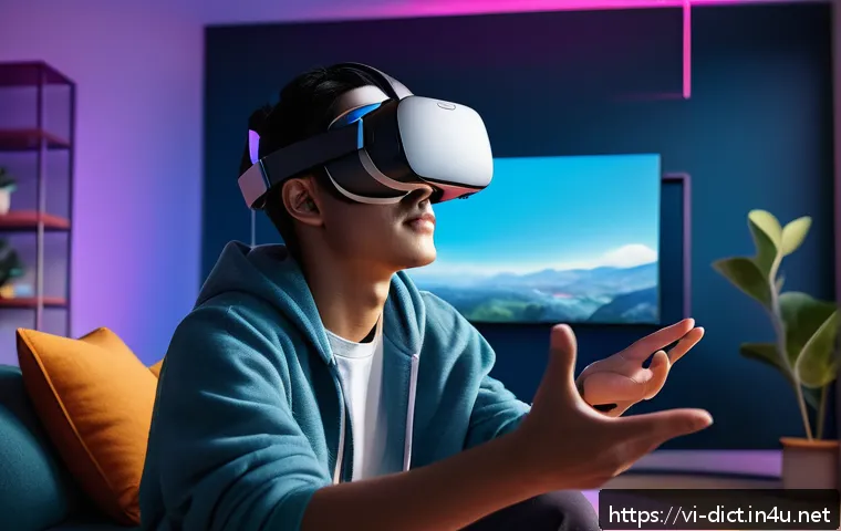 가상 현실 용어집 - A futuristic VR gaming scene showing a young adult wearing an Oculus Quest 2 headset and motion cont...