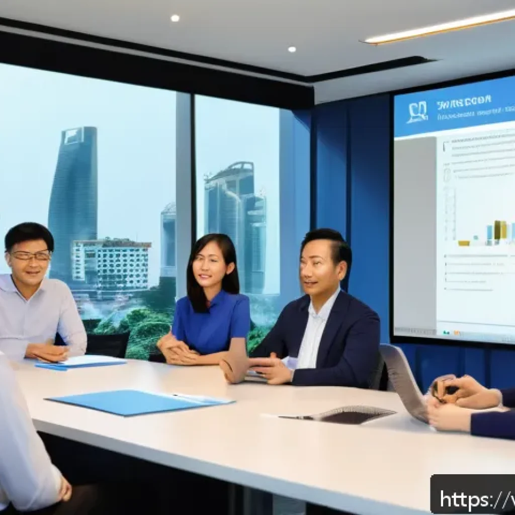 산업 용어집 - A modern Vietnamese industrial office setting where a diverse group of professionals in business cas...