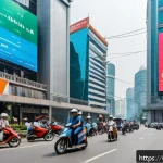 5G 용어집 - A vibrant urban scene in Vietnam showcasing 5G technology in action: a bustling city street with mod...