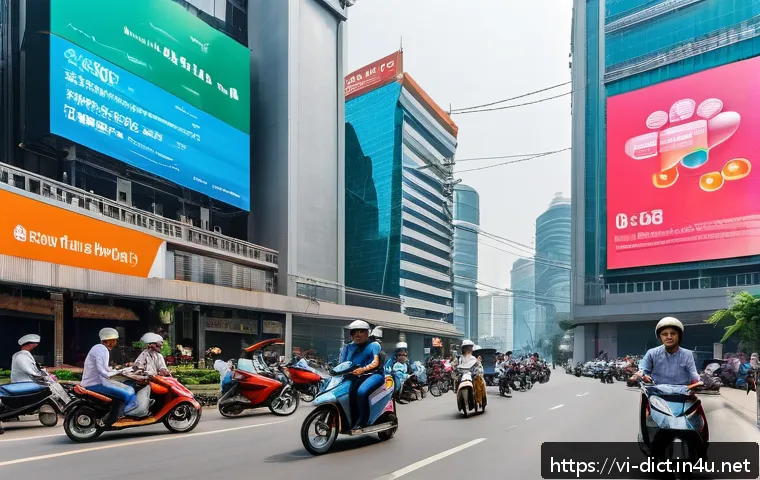 5G 용어집 - A vibrant urban scene in Vietnam showcasing 5G technology in action: a bustling city street with mod...