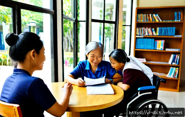 Home 17 사회적 정의 용어집 - Photorealistic community discussion in a bright modern public library in Ho Chi Minh City, a diverse...