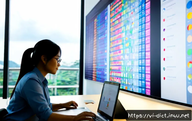 빅 데이터 용어집 - Photorealistic modern data analytics workspace in Vietnam, a Vietnamese business analyst viewing a l...